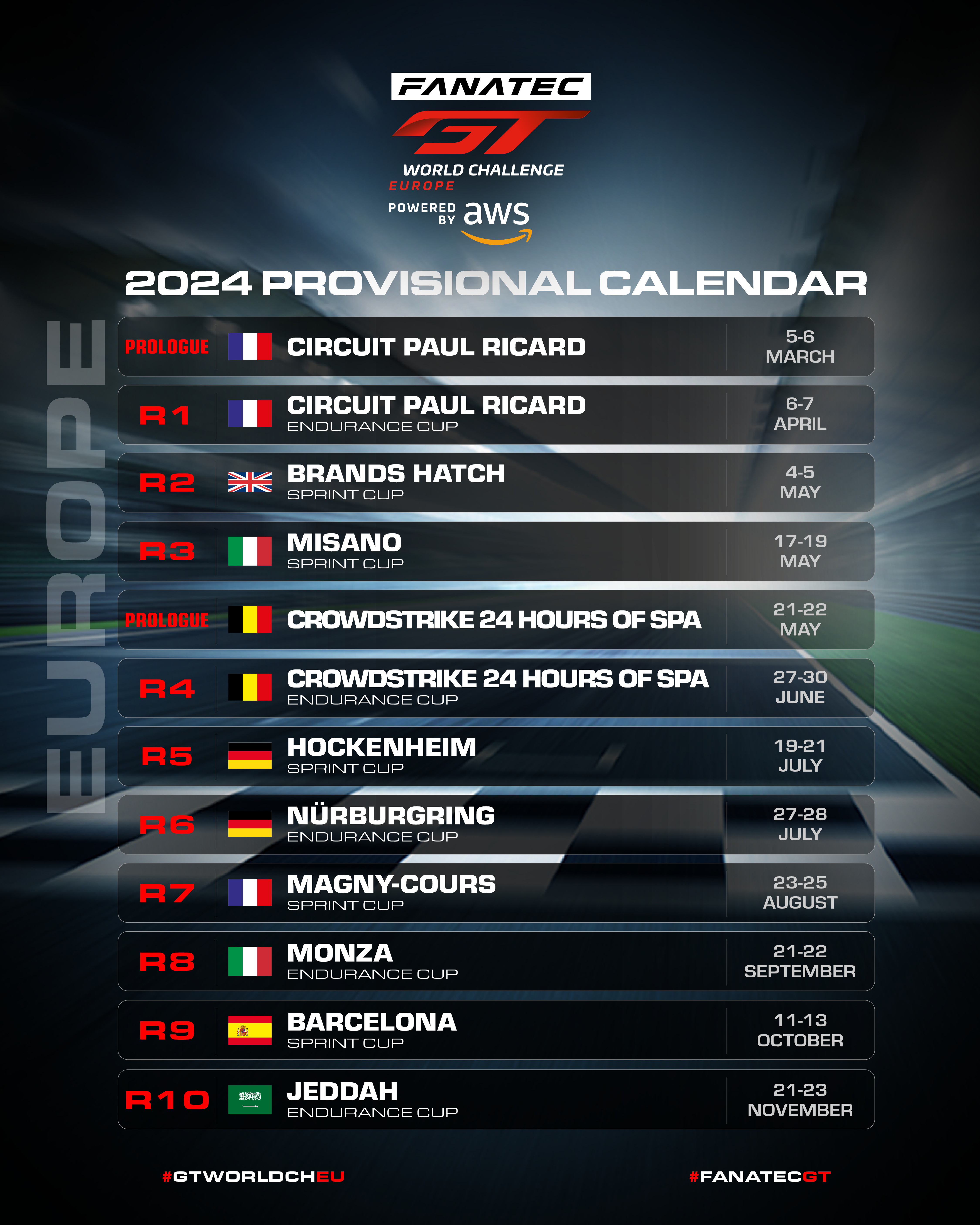 Fanatec GT World Challenge Europe Powered by AWS 2024 Calendar